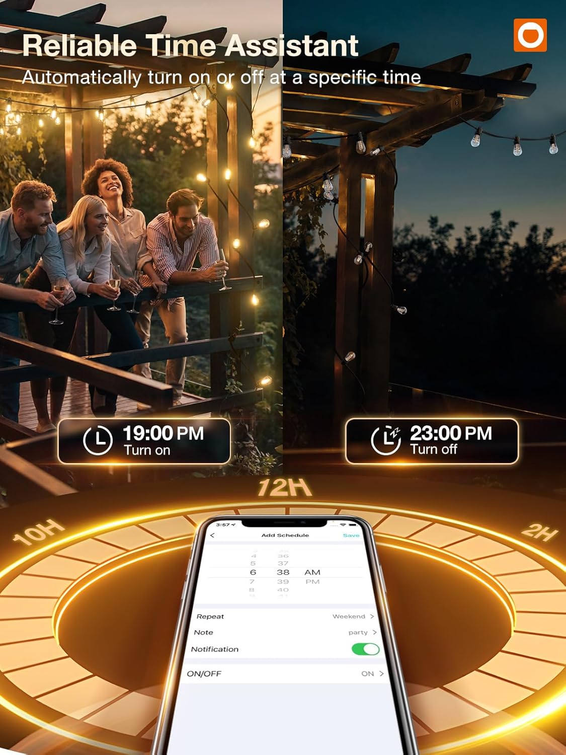 48FT Smart Outdoor String Lights with Remote, Dimmable Patio Lights with 15 LED Edison Waterproof Bulbs, String Lights for Outside Works with APP, Music Sync Outdoor Lights for Gazebo Backyard