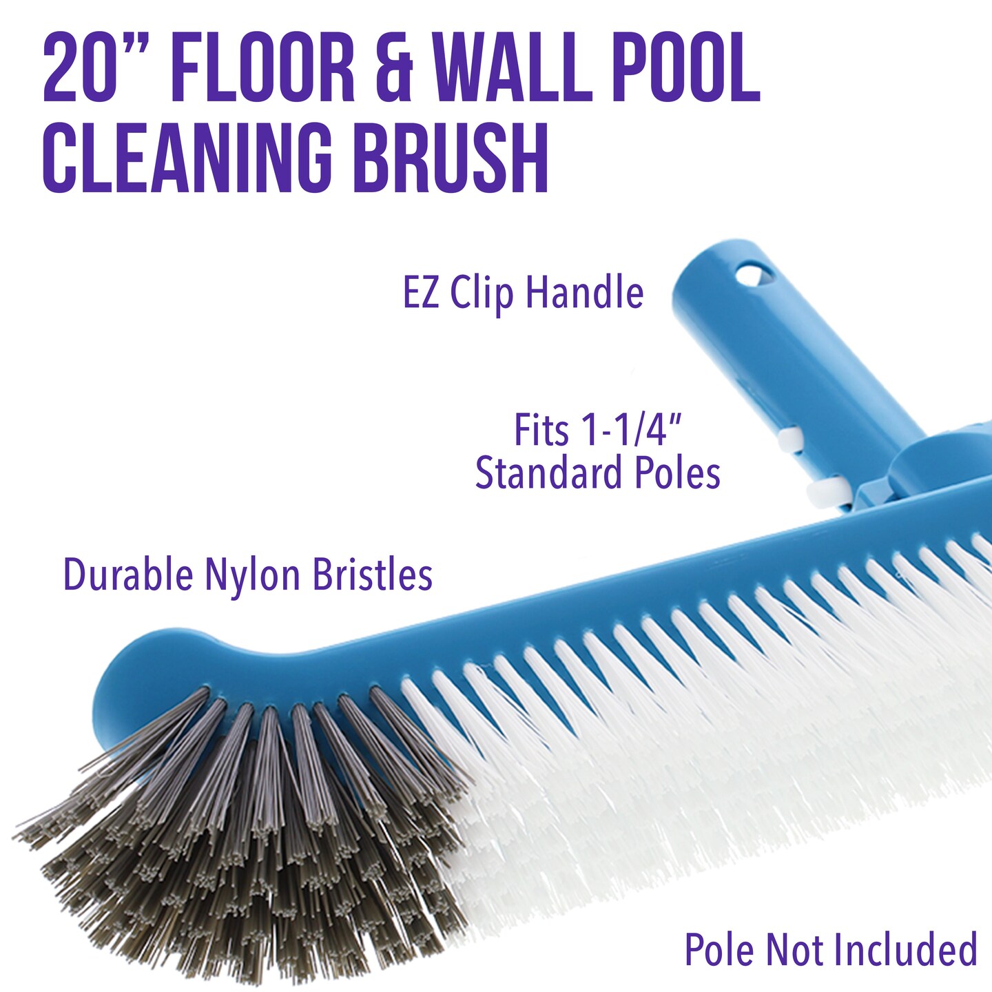 U.S. Pool Supply&#xAE; Professional 20&#x22; Floor &#x26; Wall Pool Cleaning Brush with Adjustable Angle EZ Clip Handle - Curved Ends, 7 Rows of Durable Nylon Bristles - Sweep Algae
