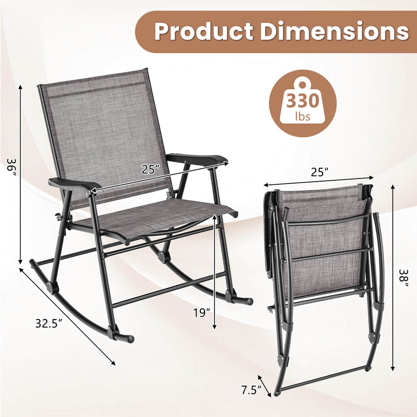 Costway 2 PCS Patio Folding Rocking Chair Heavy-Duty Metal Frame Rockers Outdoor Black/Gray/Brown
