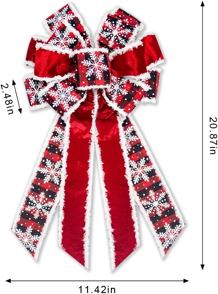 Large Christmas Bow for Wreath, Red Black Buffalo Plaid Christmas Wreath Bows for Front Door, Red Velvet Decorative Wreath Bow Snowflake Wreath Bows Christmas Bows for Lndoor Outdoor Xmas Decorations