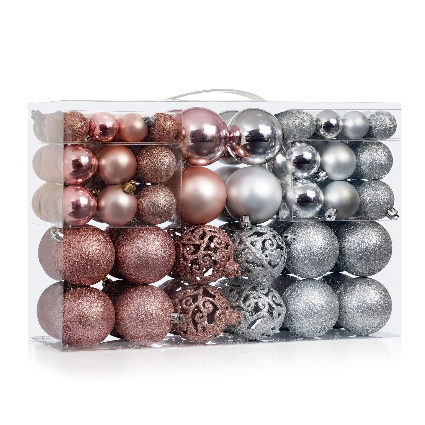 R N&#x27; D Toys 100 Rose Gold and Silver Christmas Ornament Balls Shatterproof + 100 Metal Ornament Hooks, Hanging Ornaments for Indoor/Outdoor Christmas Tree, Holiday Party, Home D&#xE9;cor