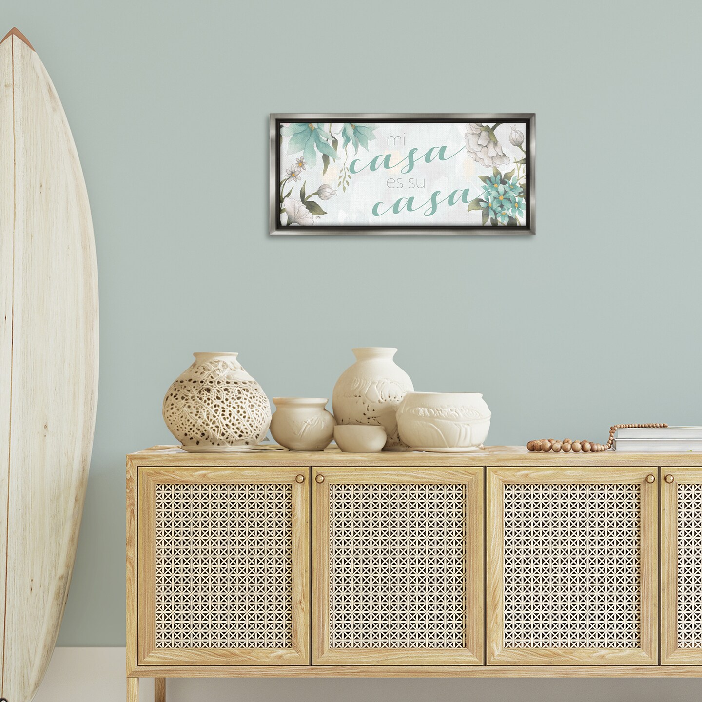 Stupell Industries Mi Casa Su Casa Flores Framed Floater Canvas Wall Art