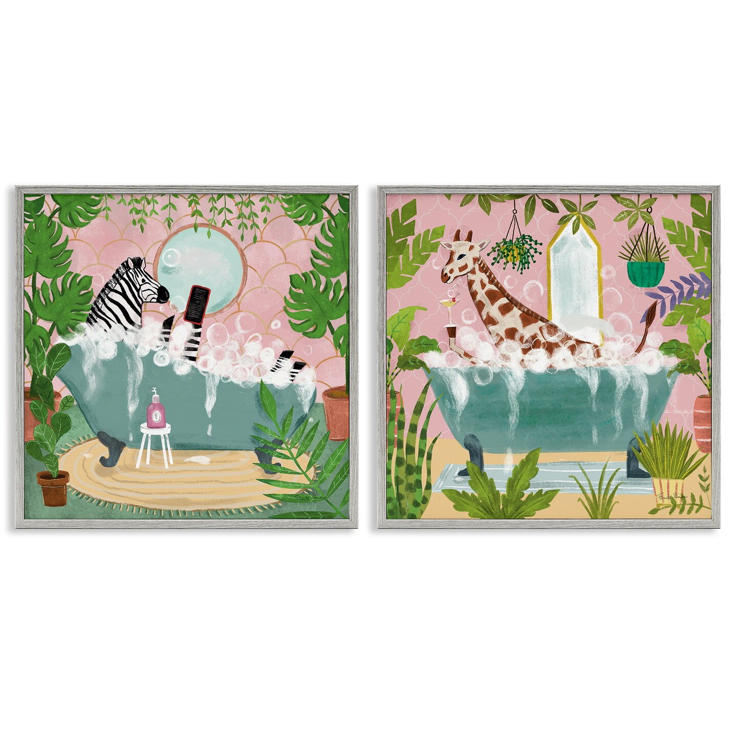 Stupell Industries Giraffe Zebra Safari Animal Tub 2 pc Framed Giclee Wall Art Set Design by Farida Zaman