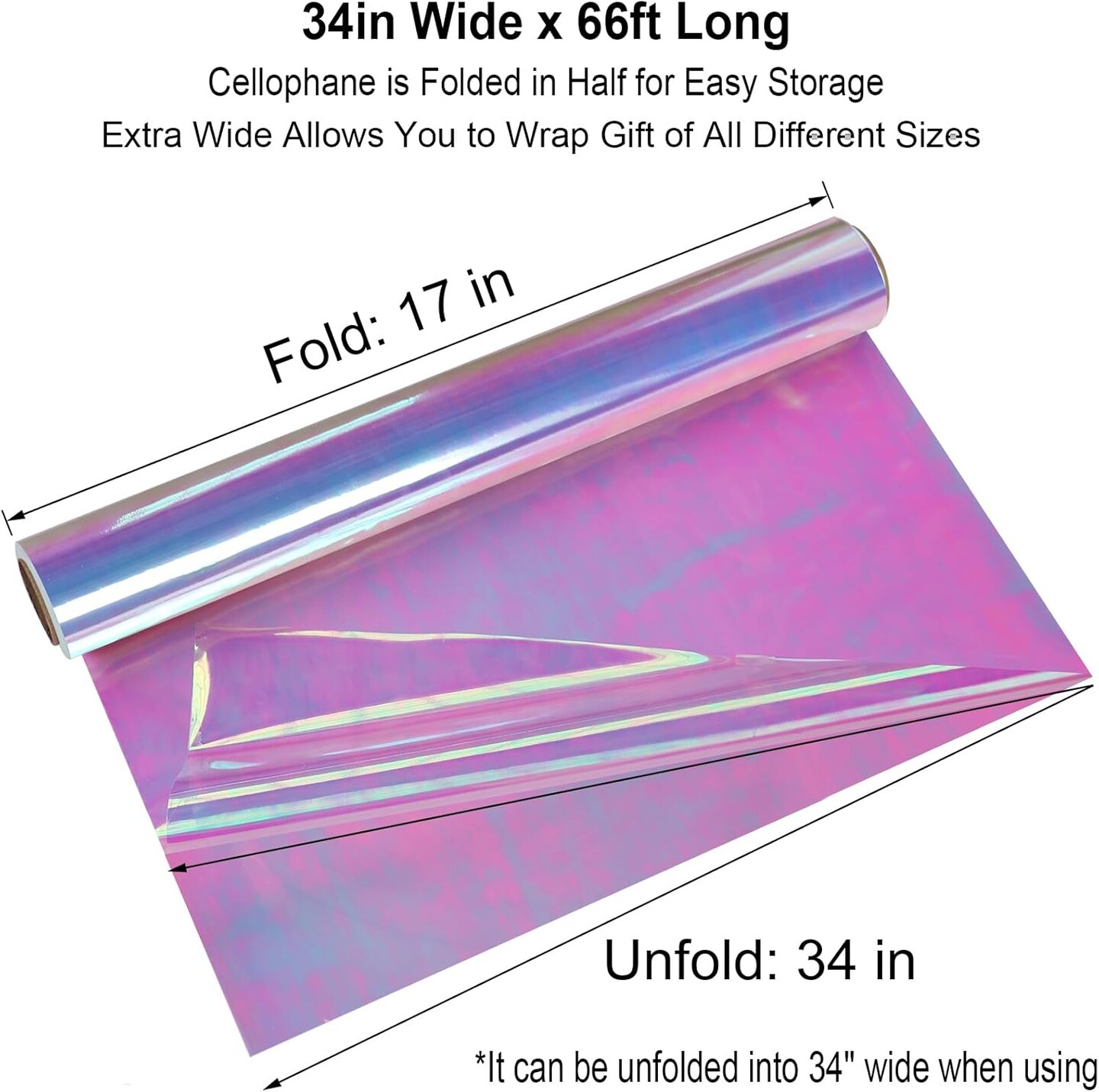 34 in x 66 Ft Iridescent Cellophane Wrap Roll - Extra Wide Cellophane Paper Roll - Iridescent Transparent Cellophane Roll Plastic Wrap for Gift Baskets, Treats, Crafts, Party & Christmas Gift Wrapping