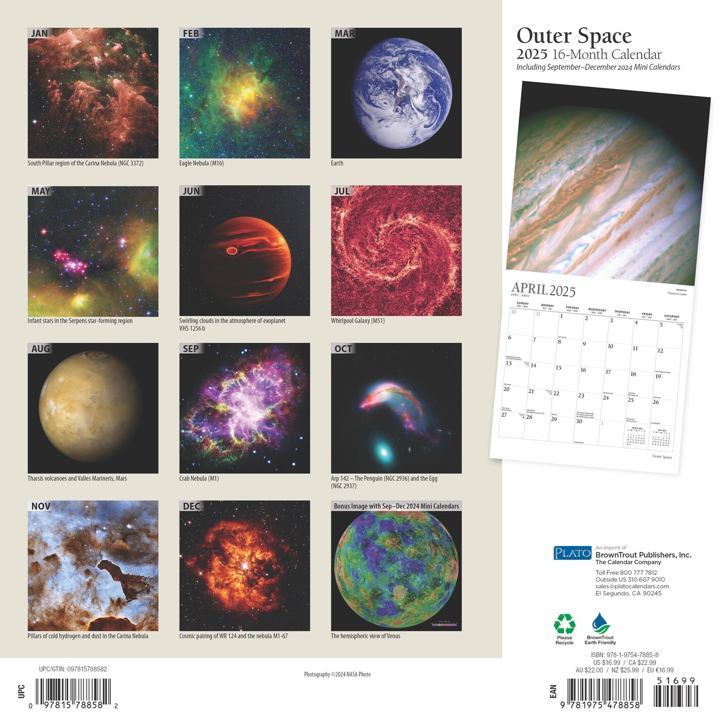 Outer Space | 2025 12 x 24 Inch Monthly Square Wall Calendar | Foil Stamped Cover | Plato | Universe Cosmos Inspiration