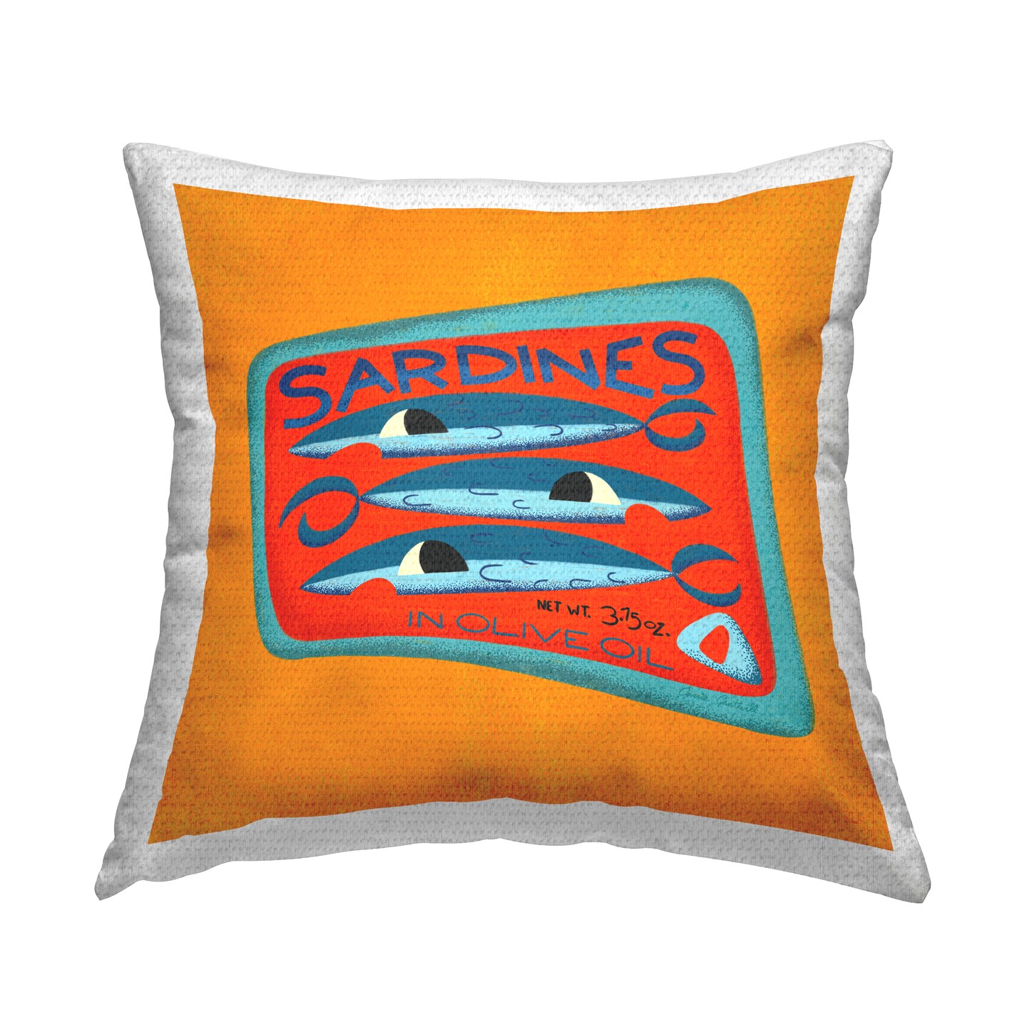 Bright Hued Sardine Can Outdoor Printed Pillow Design by Carrie Cantwell, 18 x 7 x 18