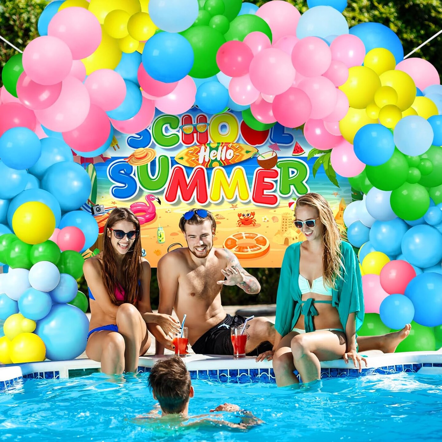 Summer Tropical Balloon Arch Garland Kit, 121Pcs Tropical Hawaiian Beach Pool Party Decorations with Backdrop, Pink Green Blue Yellow Latex Balloons for Hawaiian Luau Aloha Summer Birthday Supplies