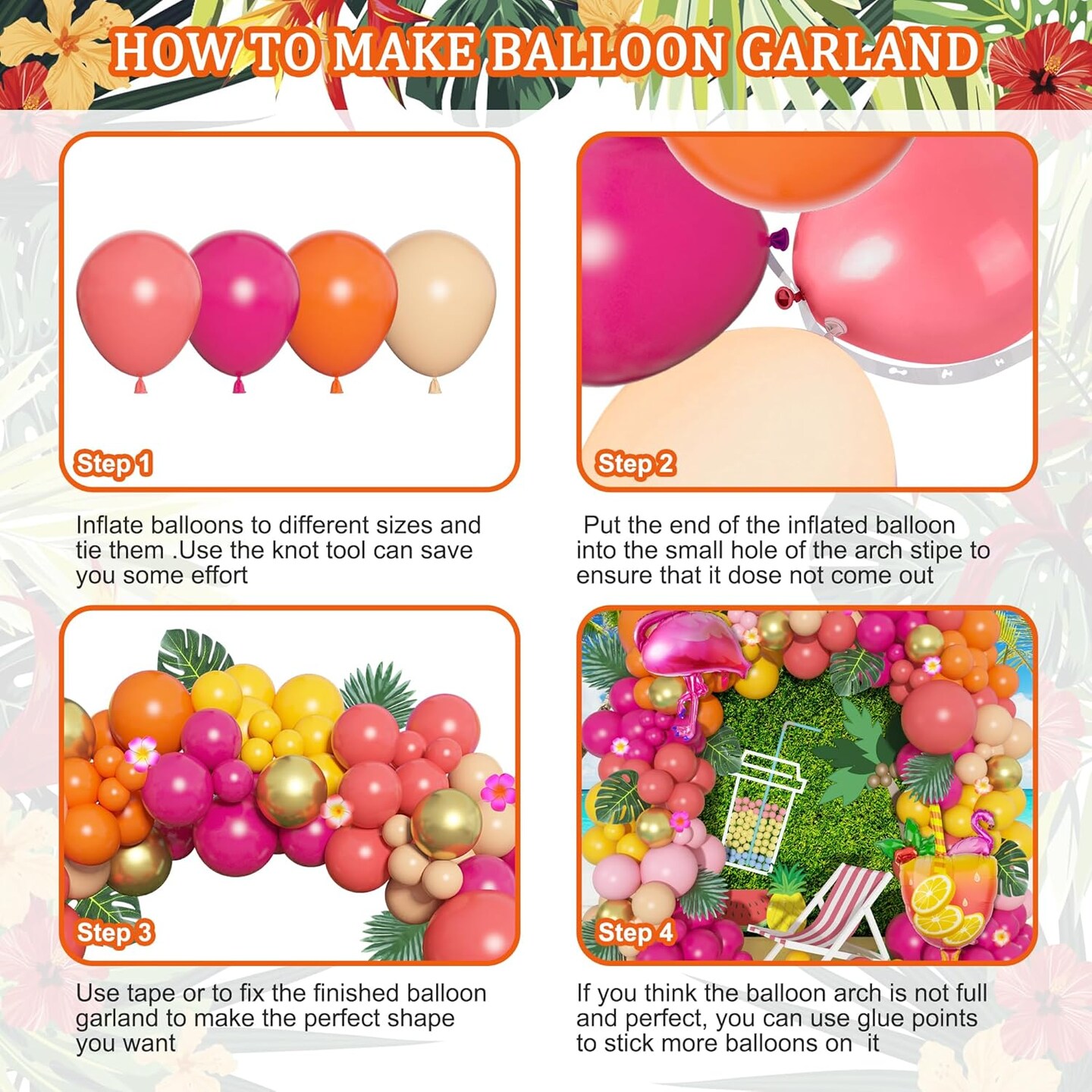178Pcs Tropical Balloons Arch Garland Kit, Luau Tropical Party Decorations with Aloha Pineapple Coconut Hot Pink Aqua Blue Balloons &#x26; Palm Leaves for Hawaiian Summer Birthday Supplies