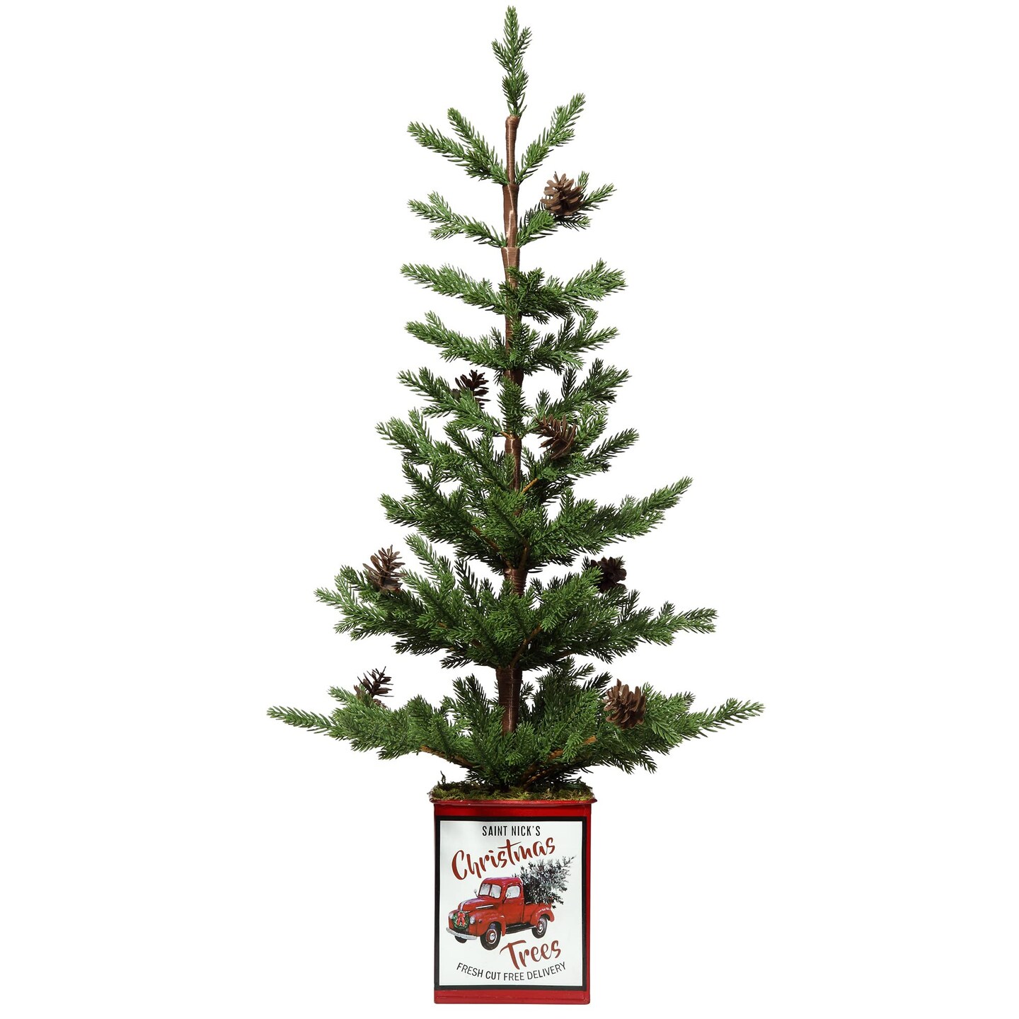 Haute Decor Potted Unlit Tree with Pinecones, 2 Feet Tall, 4 inch Red Metal Pot with Classic Truck Design