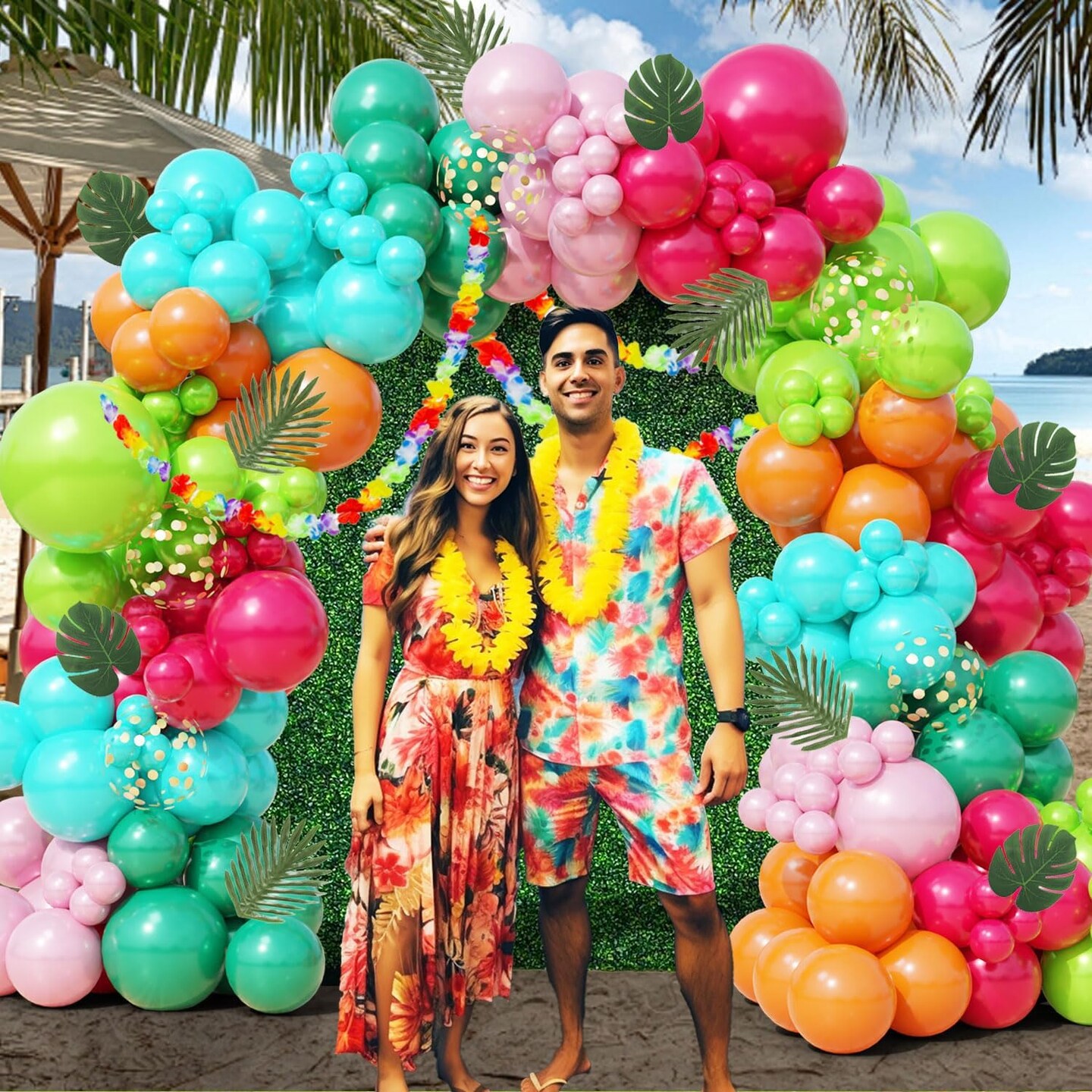 161-Piece Tropical Balloon Arch Kit – Hawaiian Theme with Rose Gold Confetti Balloons, Palm Leaves, and Flowers for Summer Luau, Baby Shower, Beach, Flamingo Pool, and Aloha Birthday Party Decorations