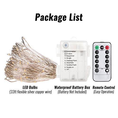 2 Pack 33 ft 100 LED Fairy Lights Battery Operated, Waterproof Twinkle String Lights, Copper Wire Dimmable Firefly Lights with Remote Control Timer, Warm White