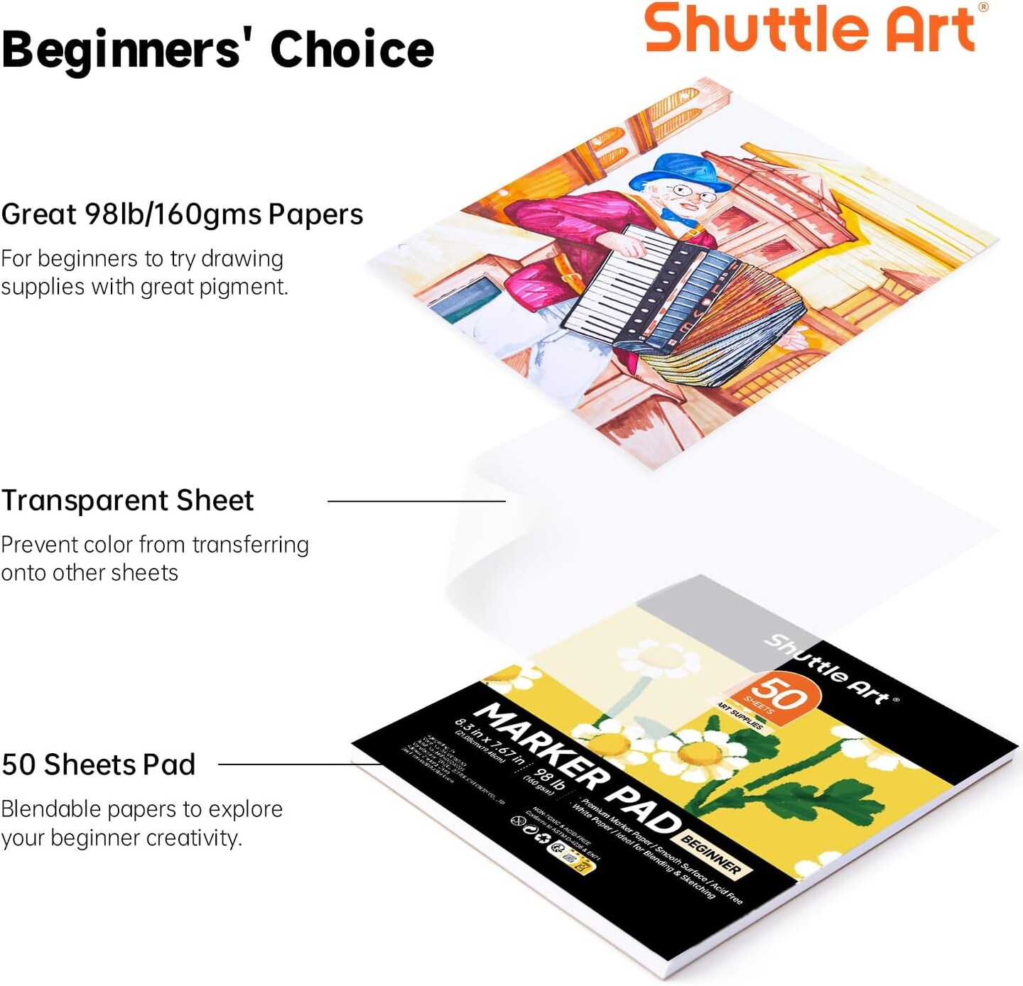 Marker Pad, 8.3&#x201D;x7.67&#x201D; Portable Square Sketchbook, 50 Sheets Marker Drawing Paper, 98LB/160GSM Smooth Surface Bleedproof Art Paper, Glue-Bound, Great for Beginners to Draw, Paint &#x26; Sketch