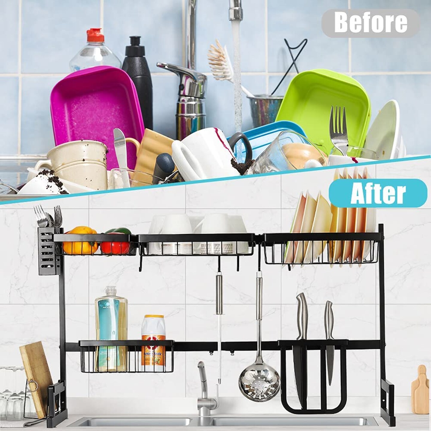 Adjustable Over The Sink Dish Rack Stainless Steel Kitchen Organizer with Removable Utensil Hooks, Rust-Proof Design for Small Spaces