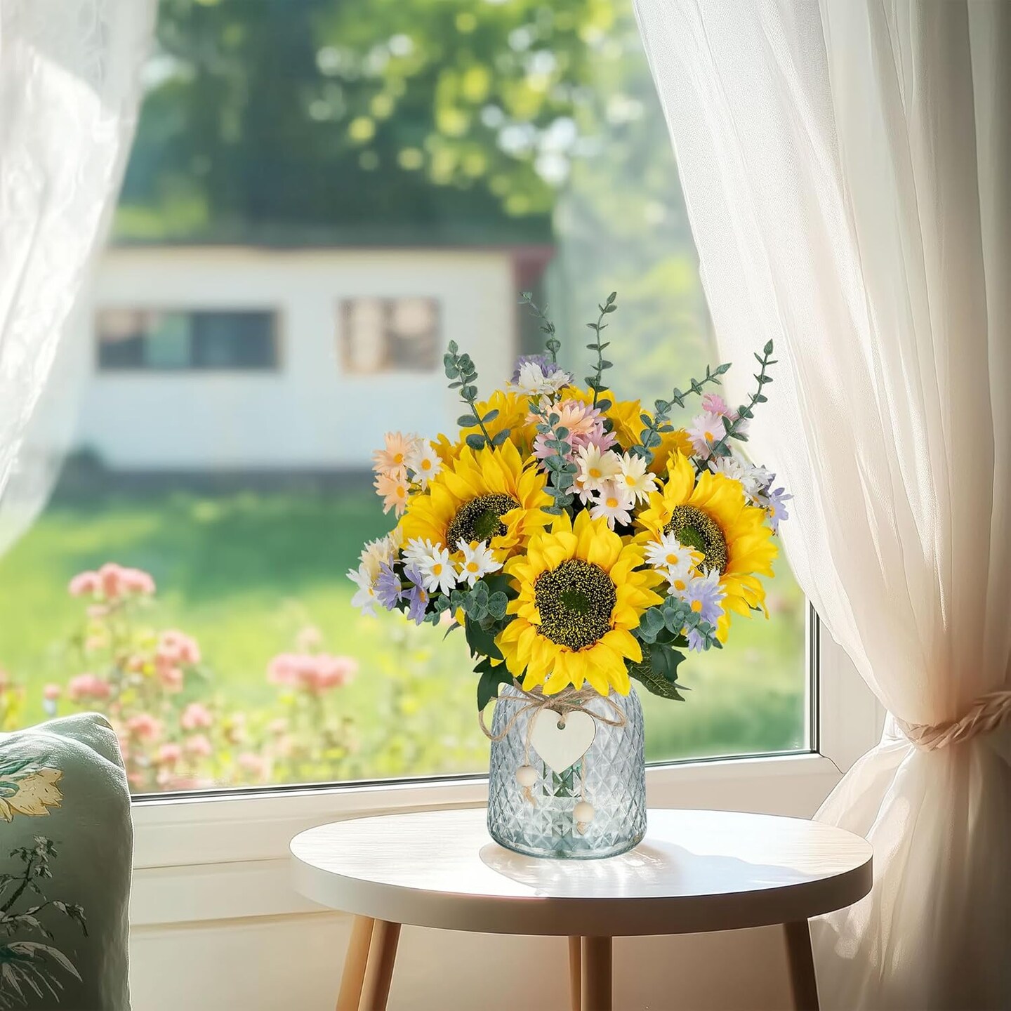 Sunflower Fake Flowers in Vase: Sunflowers Artificial Flowers with Vase for Table Centerpieces Decor - Silk Flower Bouquet Faux Arrangements Kitchen Bathroom Wedding Party Decoration