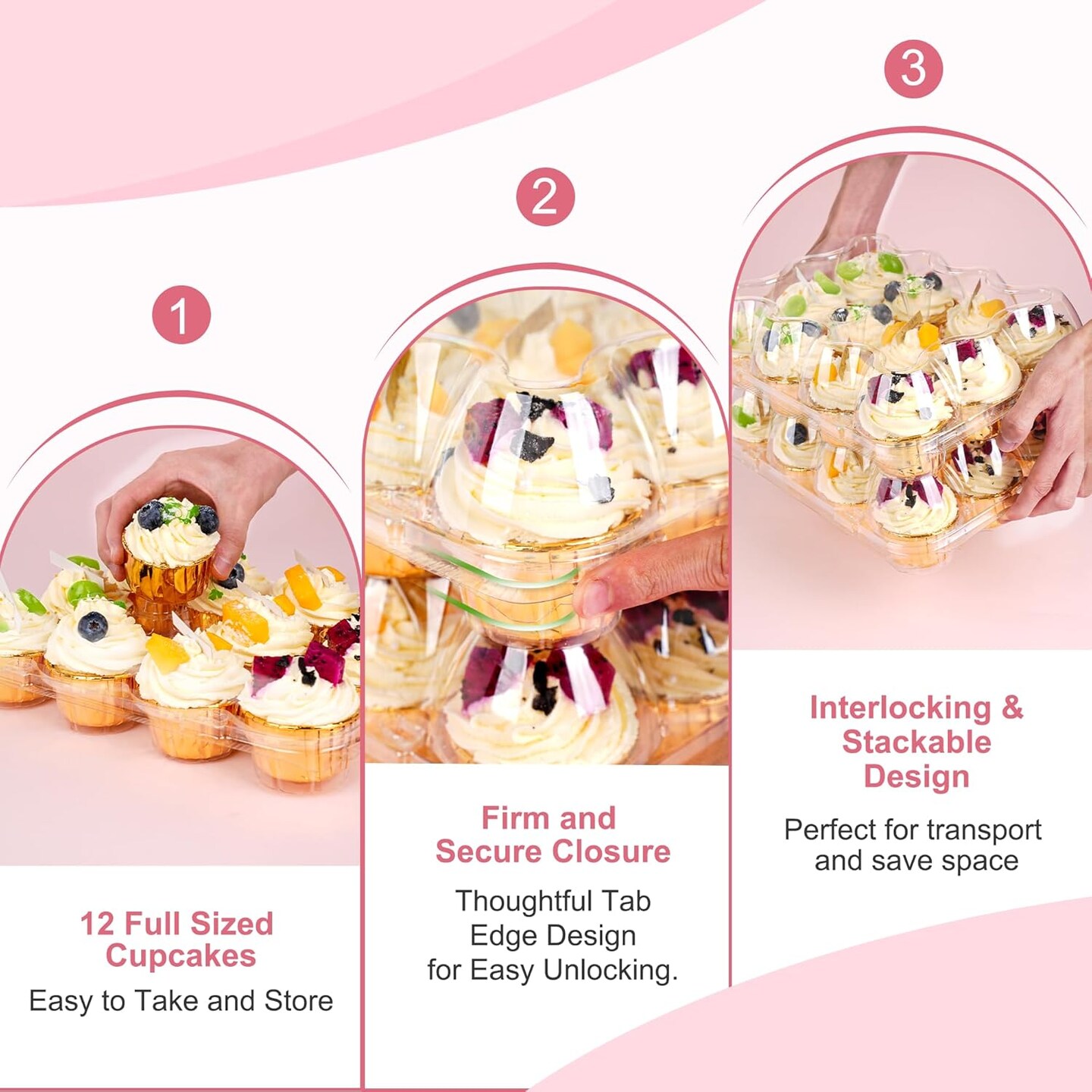 Cupcake Carrier 12 Pack*12 Sets, Stackable Plastic Cupcake Containers Boxes 12 Count, Clear Cupcake Holder with Detachable High Dome Lid, Disposable Cupcake Storage Containers Cupcake Trays