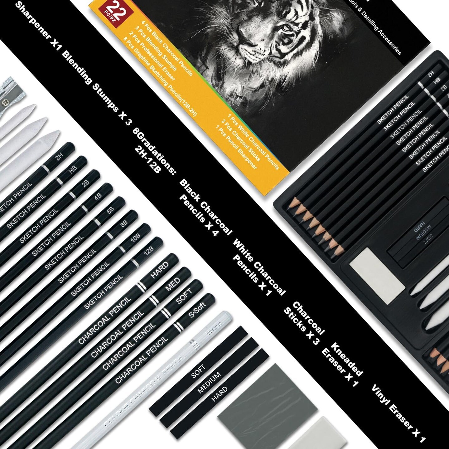 Charcoal Pencils for Drawing, Set of 22