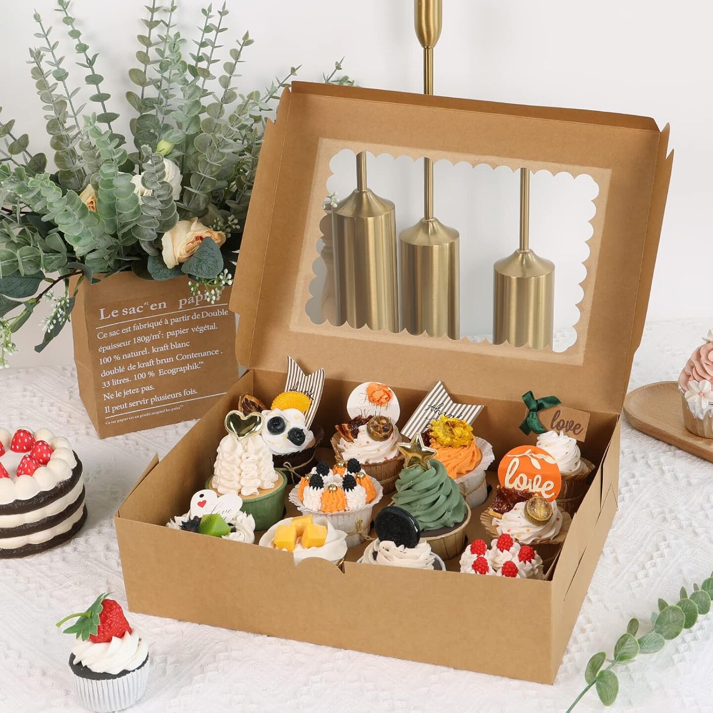 34 Sets Cupcake Boxes, Hold 12 Count Cupcake Containers, Brown Containers with Window and Inserts, 13 x 10 x 3.5 Inches Kraft Bakery Carrier Boxes for Birthday Holiday Party Bakery Supplies