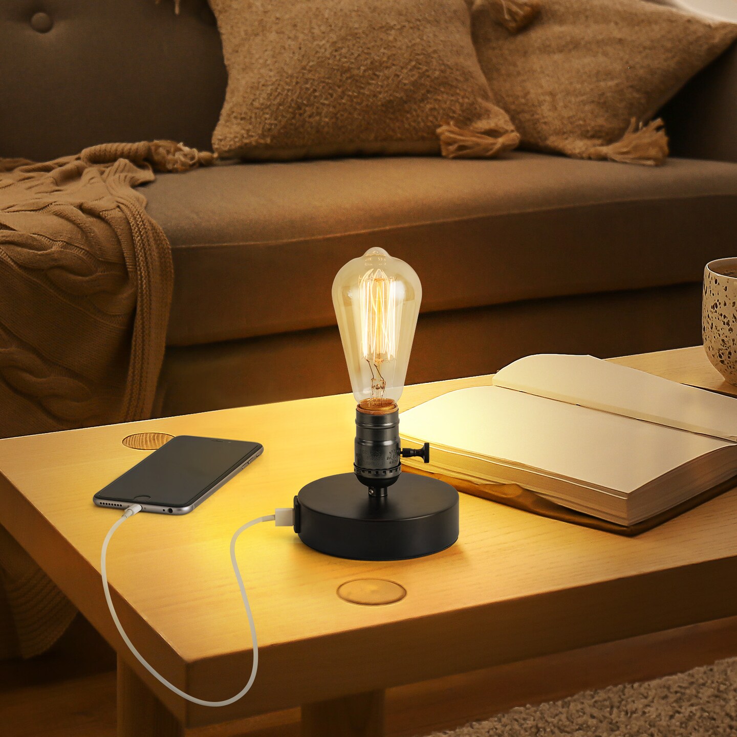2PCS Vintage Industrial Table Lamps Bedside Desk Lamps with 2 USB Ports, Metal Base E26 Bulb Compatible, Retro Farmhouse Decor for Bedroom, Office, or Caf&#xE9;