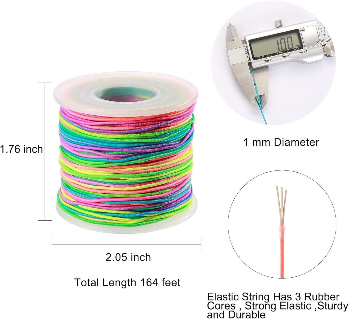 Elastic String for Bracelets, 1mm Sturdy Stretchy String Rainbow Elastic Cord for Jewelry Making, Beading Necklaces and Crafts