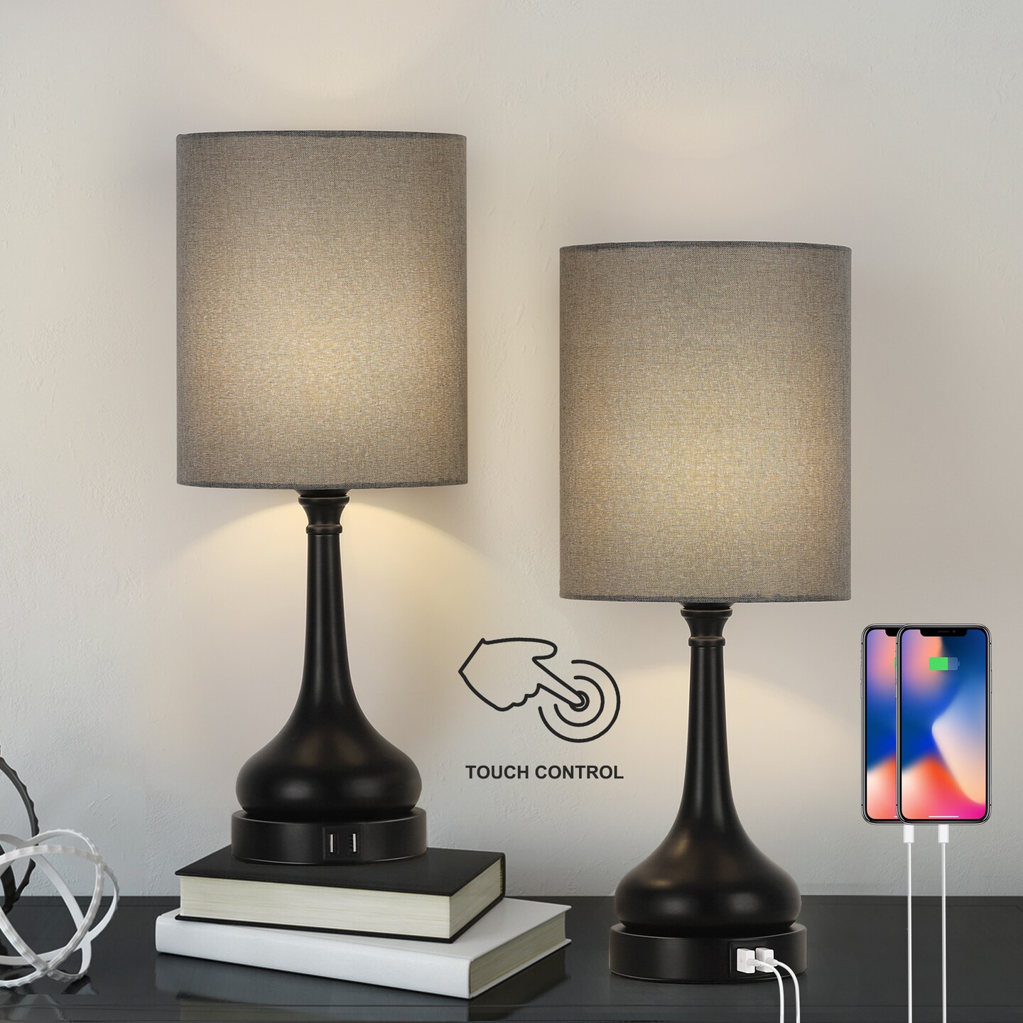 2PCS Table Lamp Bedside Lamp Touch Control 2 USB Ports for Bedroom Living Room
