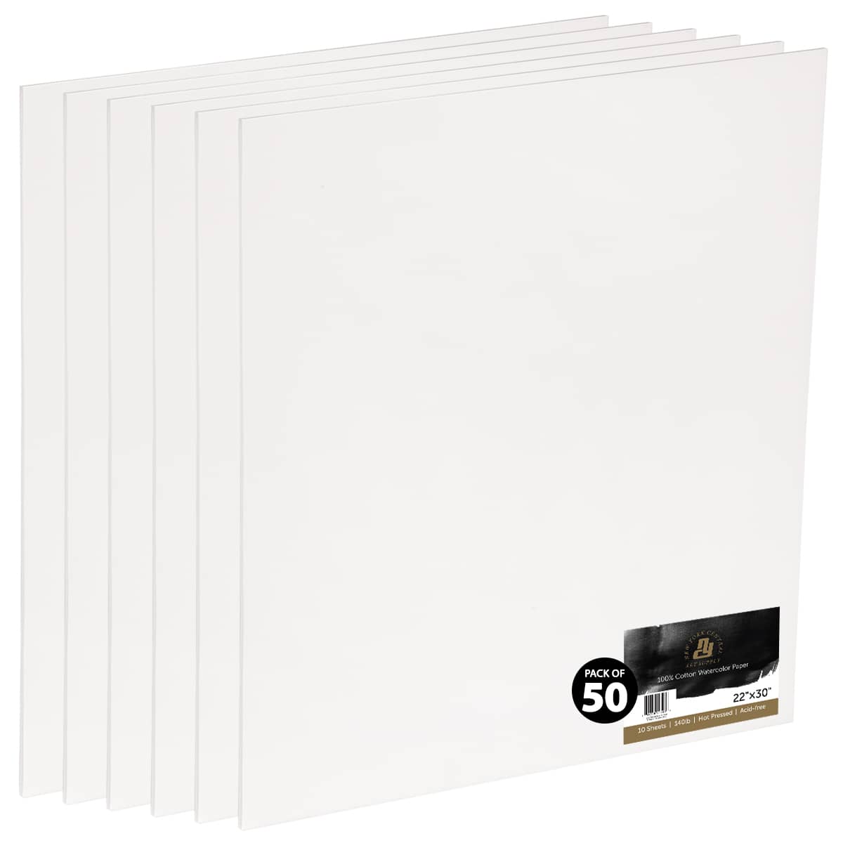 New York Central Watercolor Paper Sheets, 22x30 Inch, 140lb Hot Press, Pack of 50 - Professional Grade, Acid-Free, Archival - For Wet and Dry Media