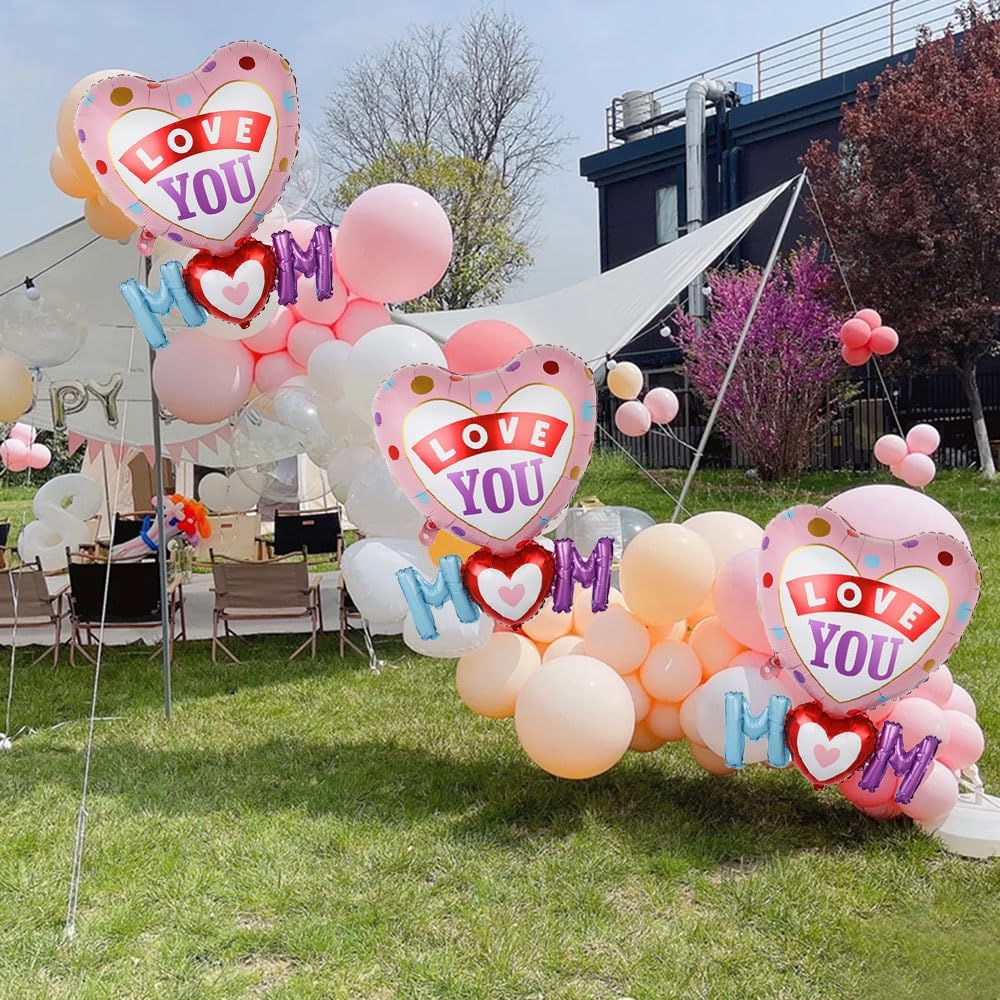 Love You Mom Balloons – Mother’s Day Heart Foil Balloon Set (3PCS)