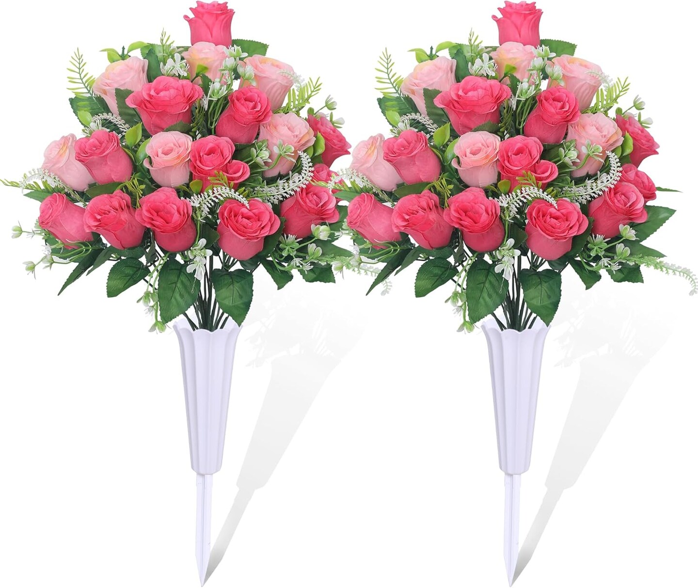 Set of 2 Artificial Cemetery Flowers, Grave Memorial Flowers with Vase, Outdoor Grave Decorations Roses for Cemetery Headstones Decoration (Pink)