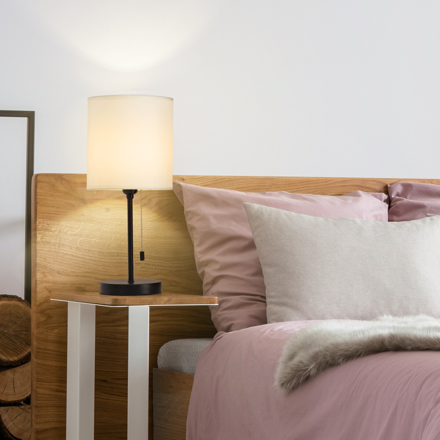 Modern Table Lamp, Simple with Cream Fabric Shade, Pull Chain Switch