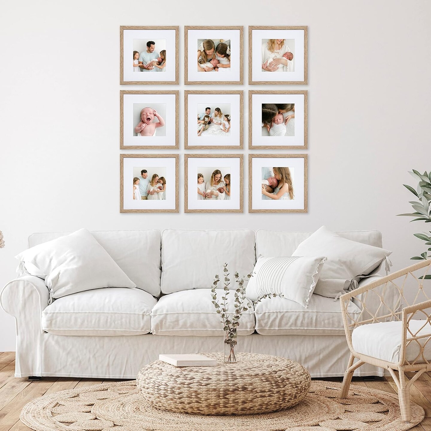 9 Piece Gallery Wall Frame Set, 12x12 in. Matted to 8x8 in. (Light Natural)