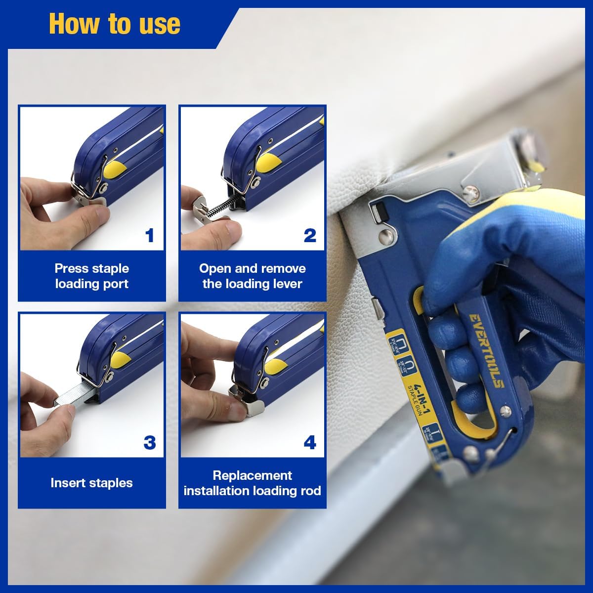Heavy Duty 4-in-1 Staple Gun, 6000pcs Staples Manual Brad Nailer, Upholstery Stapler Nail Gun for Fixing Material, Decoration, Carpentry, Furniture, Doors and Windows.