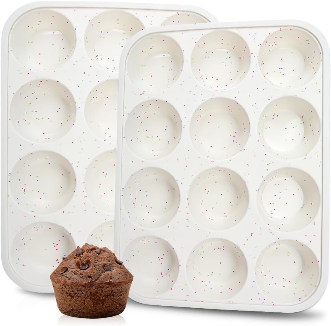 Silicone Muffin Pan, Metal Reinforced Frame Cupcake Pan 12 Cups Regular Size Easy to Move in or Out of Oven Non-Stick (2)