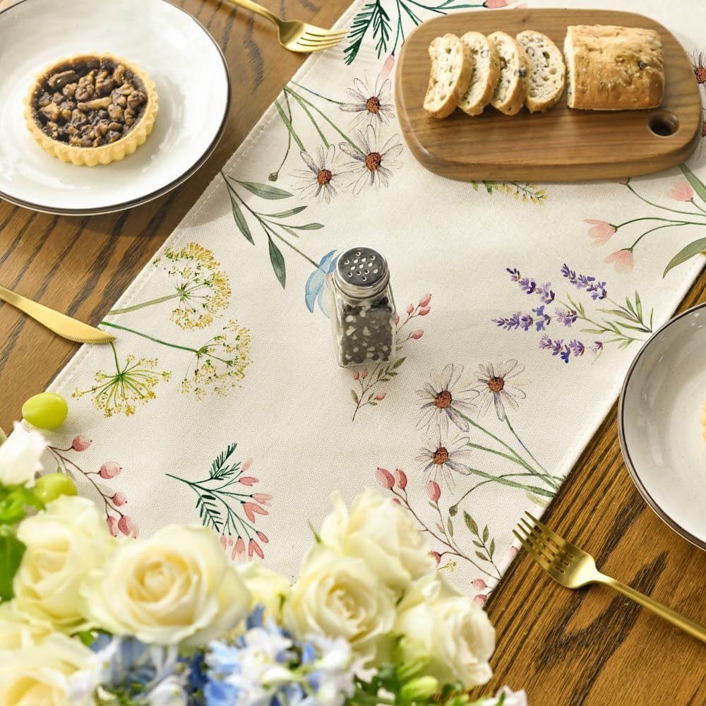 Flowers Floral Summer Table Runner, Seasonal Spring Fall Kitchen Dining Table Decoration for Home Party 13x72 Inch