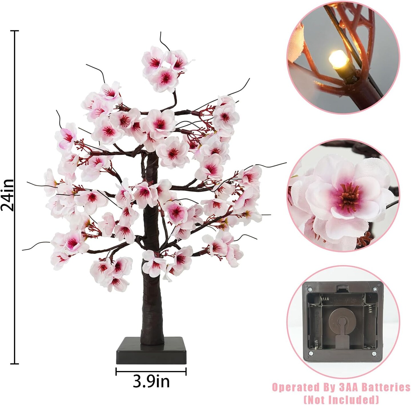 24IN Lighted Cherry Blossom Tree 24 Warm White LED Tabletop Artifical Bonsai Tree with Timer Battery Operated for Wedding Party Spring Christmas Home Indoor Japanese Room Decor