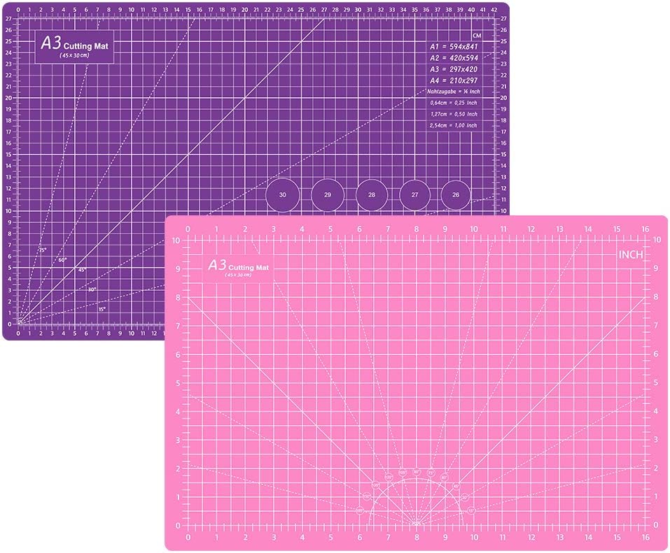 18"x12" Thickened Self Healing Cutting Mat, A3 Rotary Cutting Sewing Mat for Crafts, Double Sided 5-Ply Table Cutting Board for Fabric Quilting Art Hobby Project, Pink/Purple