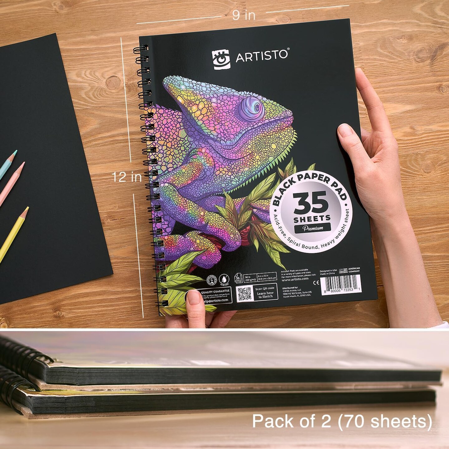 9x12 Premium Black Paper Pads, Spiral Bound Sketchbook, Pack of 2, 70 Sheets (150g/m2), Acid-Free Drawing Paper, Ideal for Kids, Teens &#x26; Adults