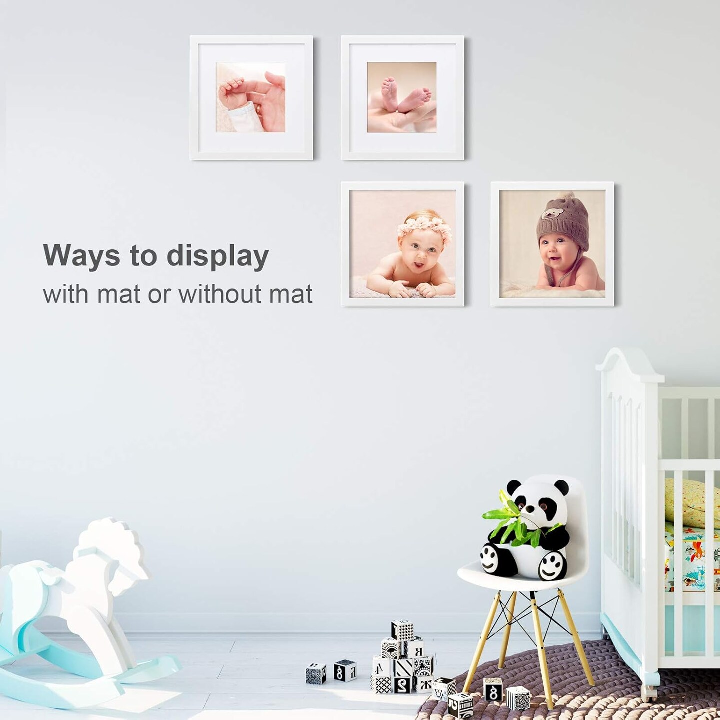 12x12 Picture Frames White, Wood Frames with HD Plexiglass for Pictures 8x8 with Mat or 12x12 without Mat, Wall Mounting Display, Set of 4