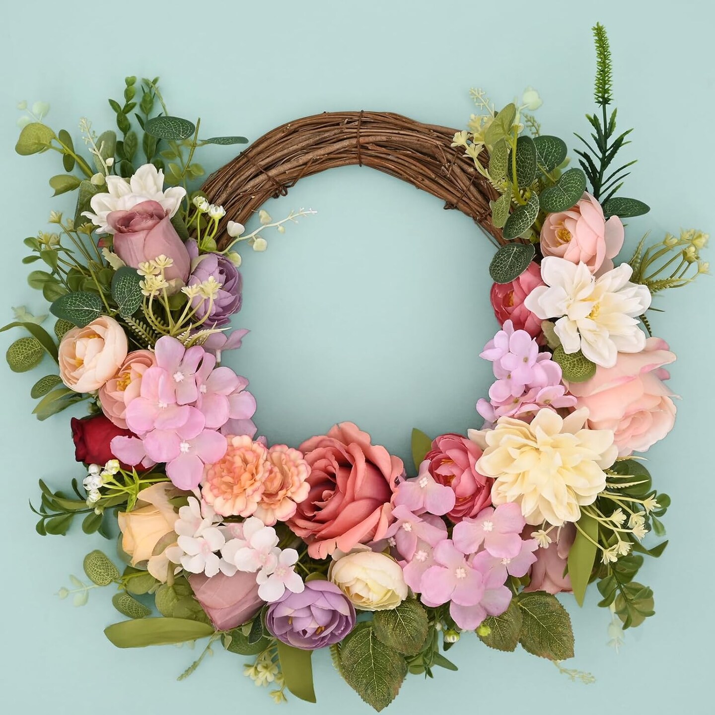Spring Wreaths for Front Door, 16 Inch Spring Wreath, Summer Door Wreaths for Front Door, Peony Roses Flower Outside All Season Wall Wedding Home Decor