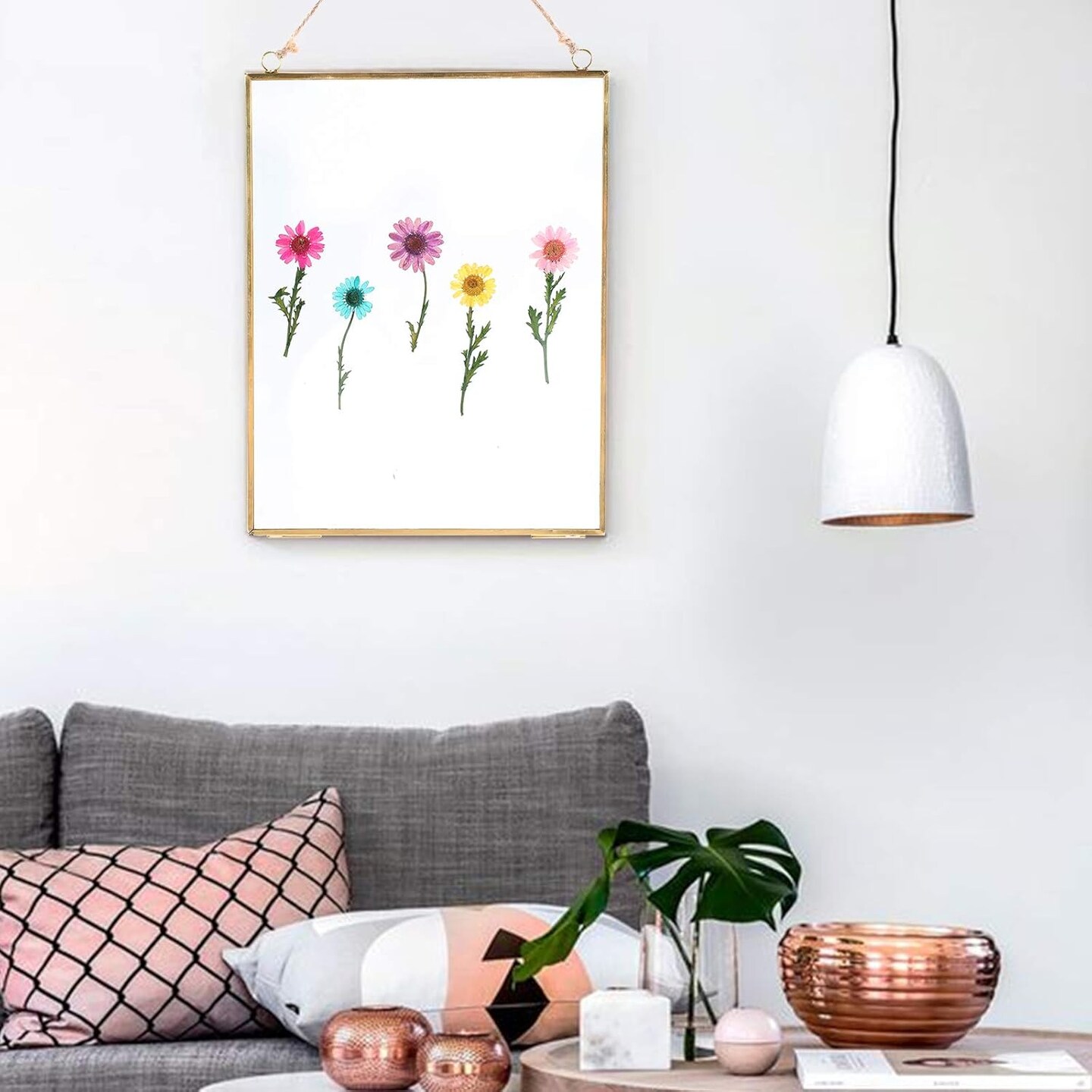 Glass Frame for Pressed Flowers, Wall Floating Brass Picture Frame for Pressed Flower, 11 x 8 Inch Large Copper Double Glass Photo Frame, Hanging Frame for Artwork Certificate Display(Black)