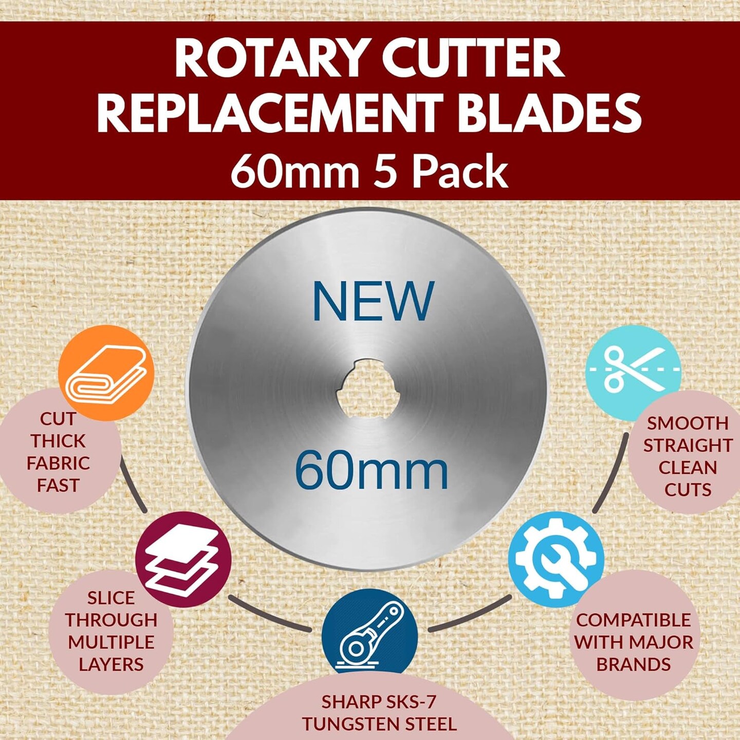 60mm Rotary Cutter Replacement Blades, 5 Tungsten Steel Blades | Cuts Thick Layers of Fabric, Felt, Leather and Vinyl &#x2013; Compatible with Fiskars, Olfa, Clover and Other Brands