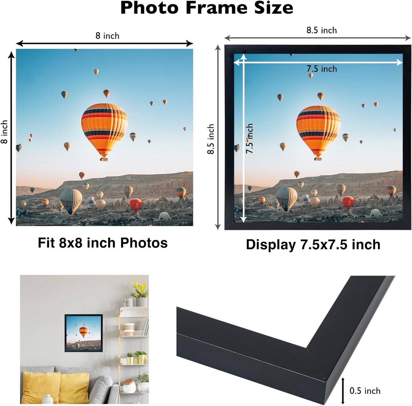 8x8 Picture Frame Set of 4 Black for Wall Hanging or Tabletop, Wall Mounting Horizontally or Vertically, 8 x 8 Square Wall Gallery Poster Photo Frame with Shatter Resistant Plexiglass, 4 Pack, Black