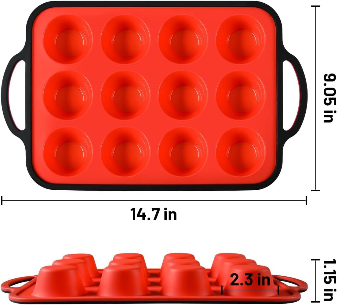 Silicone Muffin Pan, Metal Reinforced Frame Larger than Mini Cupcake Pan Easy to Handle 12 Cups Nonstick Small Silicone Muffin Tray for Baking Homemade Muffins, Cupcakes, Egg Bites