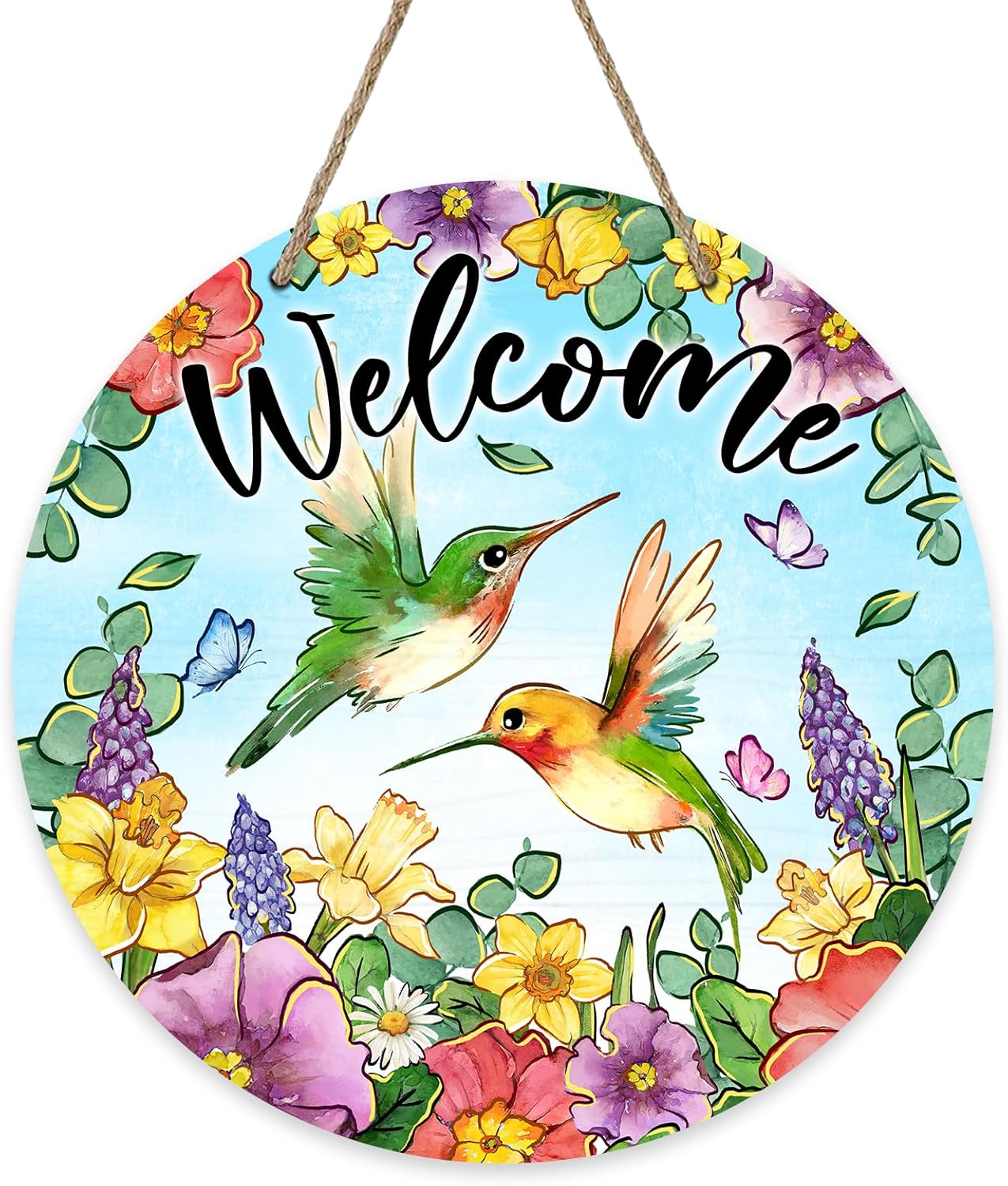 “Welcome Spring/Summer” Hummingbird Wood Sign – Front Door & Porch Decor