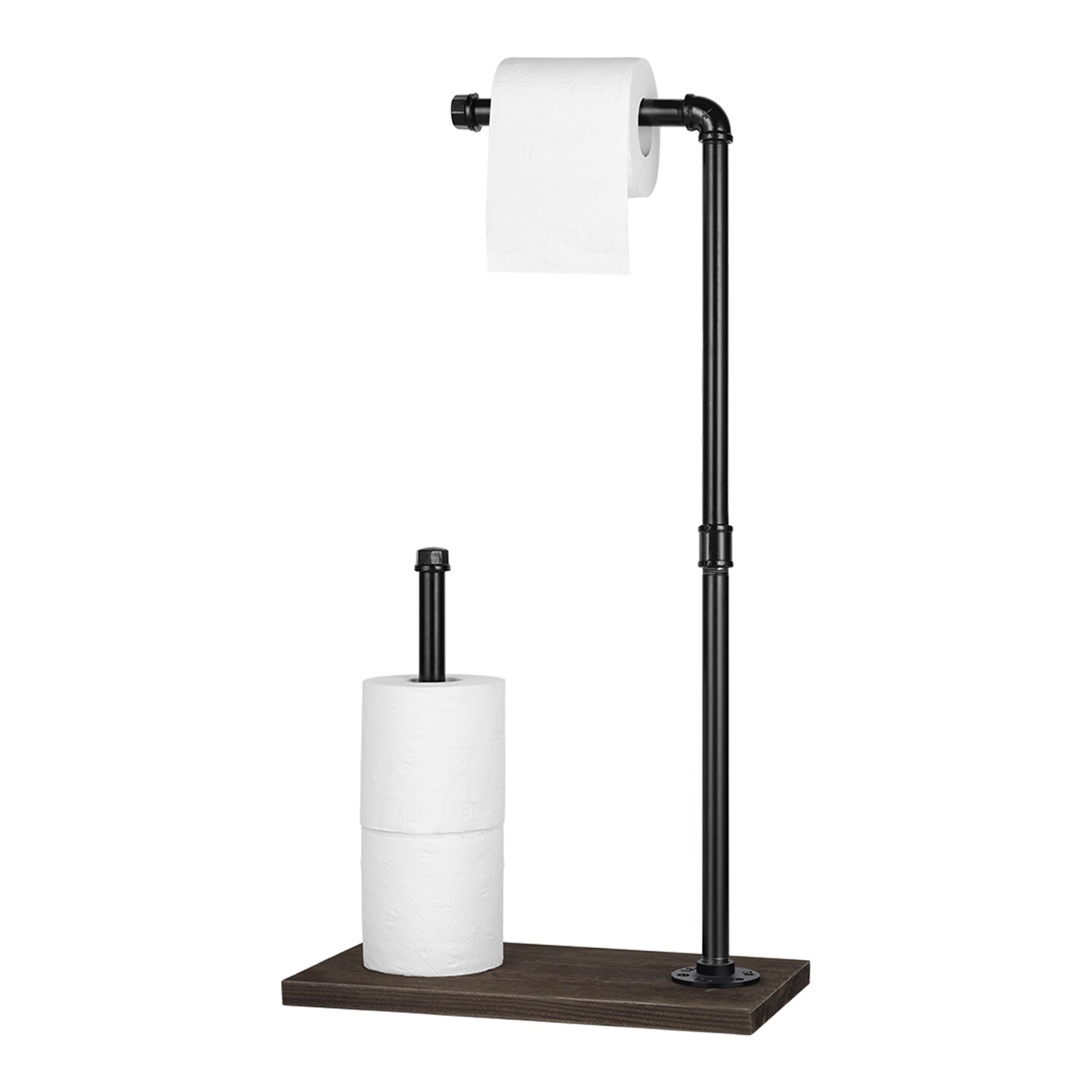 Free Standing Toilet Paper Stand Rustic Industrial Bathroom Organizer with Wooden Base &#x26; Matte Iron Black Finish &#x2013; 3-Roll Storage, No-Drill Installation