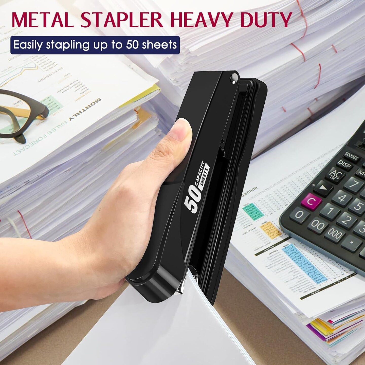 Metal Stapler Heavy Duty 50 Sheet Capacity with 1750 Staples and Staple Remover, Full Strip Staplers for Desk, No Jam, Non-Slip Office Stapler with Staples for Office &#x26; Classroom, Black