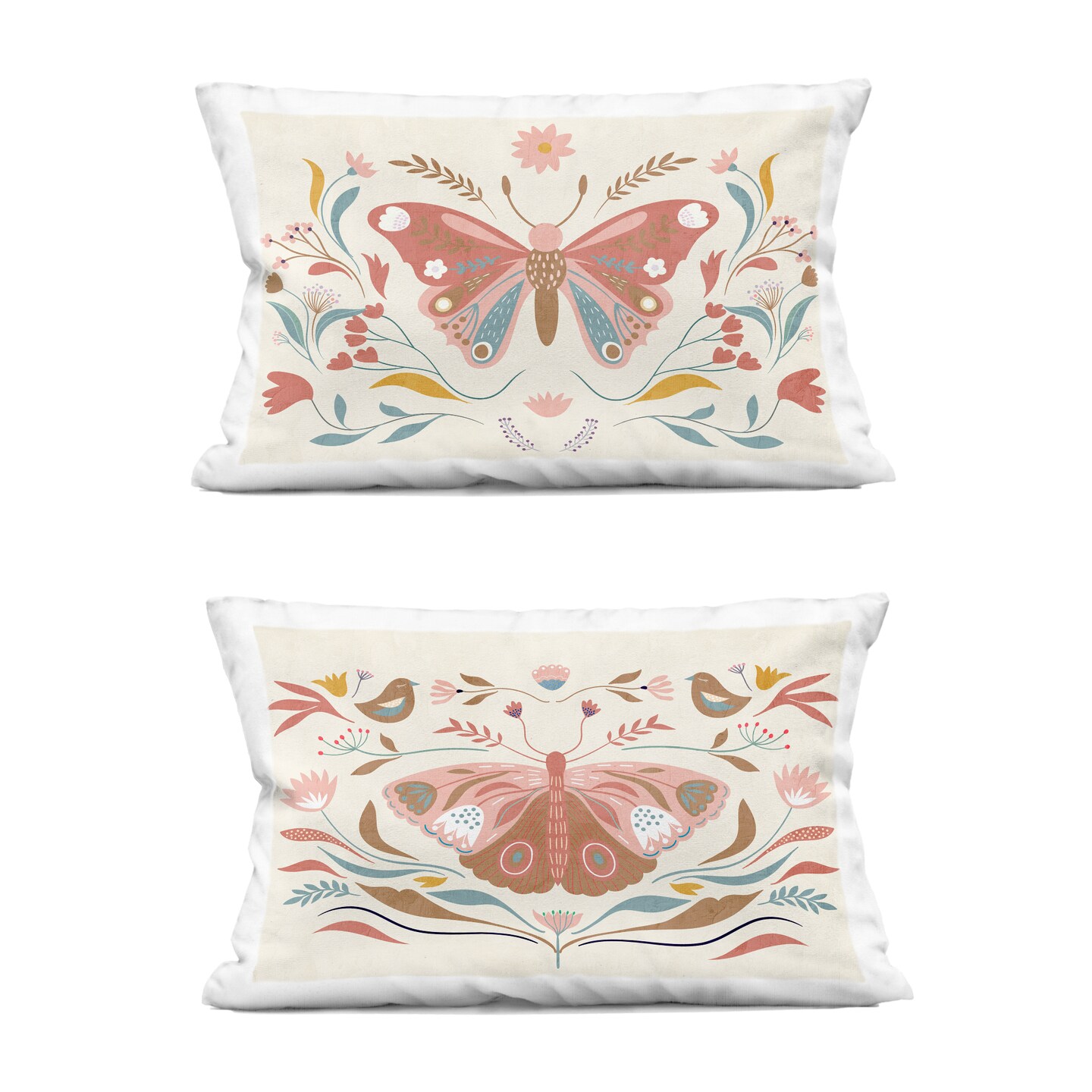 Stupell Industries Folk Butterflies & Florals 2pc Decorative Printed Throw Pillow Set Design by Kim Allen, 14 x 7 x 20