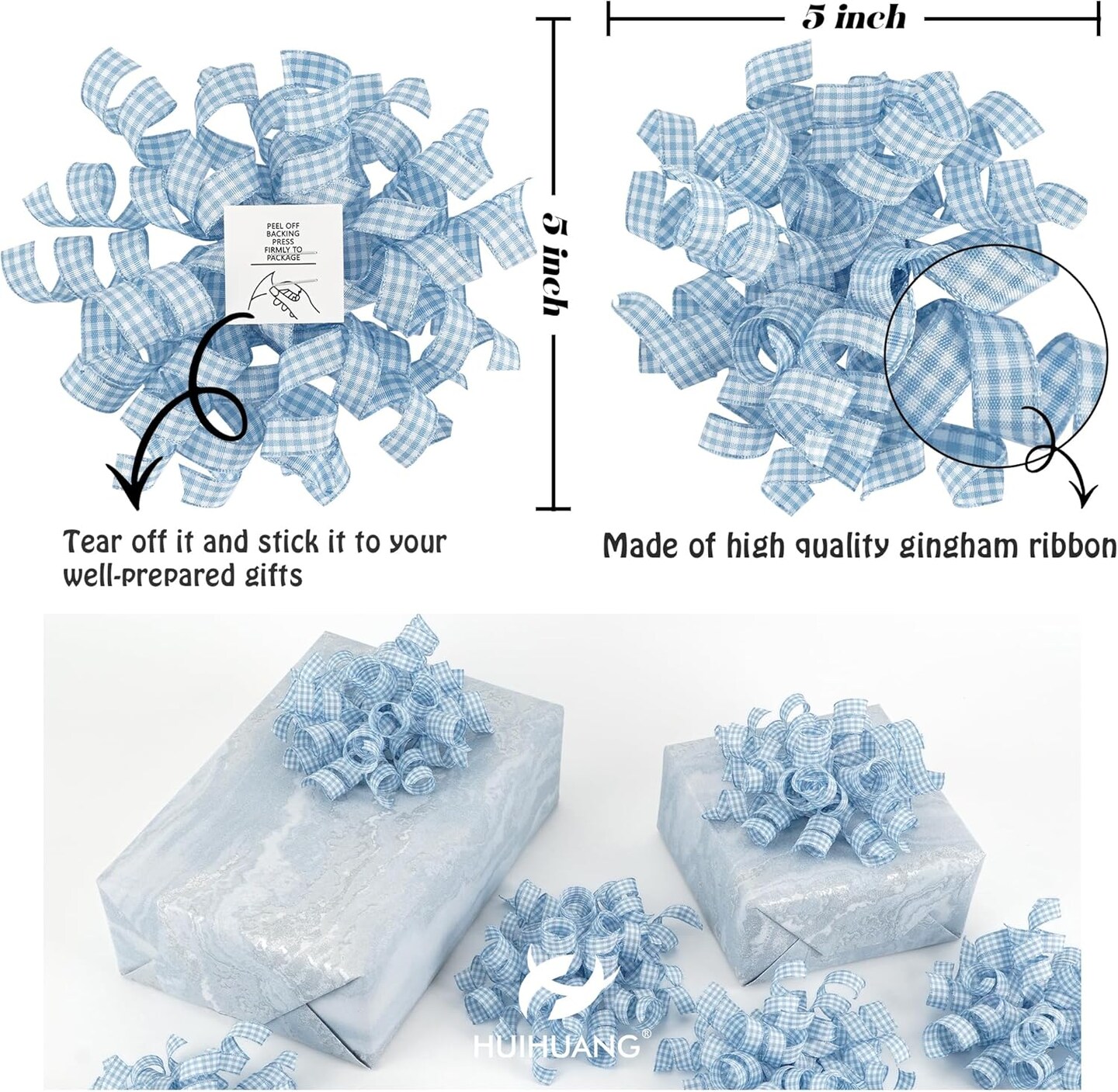 Blue Bows for Gift Wrapping Dusty Blue Plaid Ribbon Bow Self Adhesive Curly Gift Bows for Presents, Treat Bags, Bridal Shower Favors, Wrapping Accessories -5 inch x 8 Counts