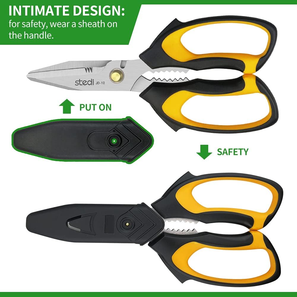 8-inch Scissors Heavy Duty, Multipurpose Scissors, Stainless Steel Blade, with Small Serrations and Protective Cover, Comfortable Non-Slip Handle, Easy Cutting Cardboard,Wires,Leather, Fabric.