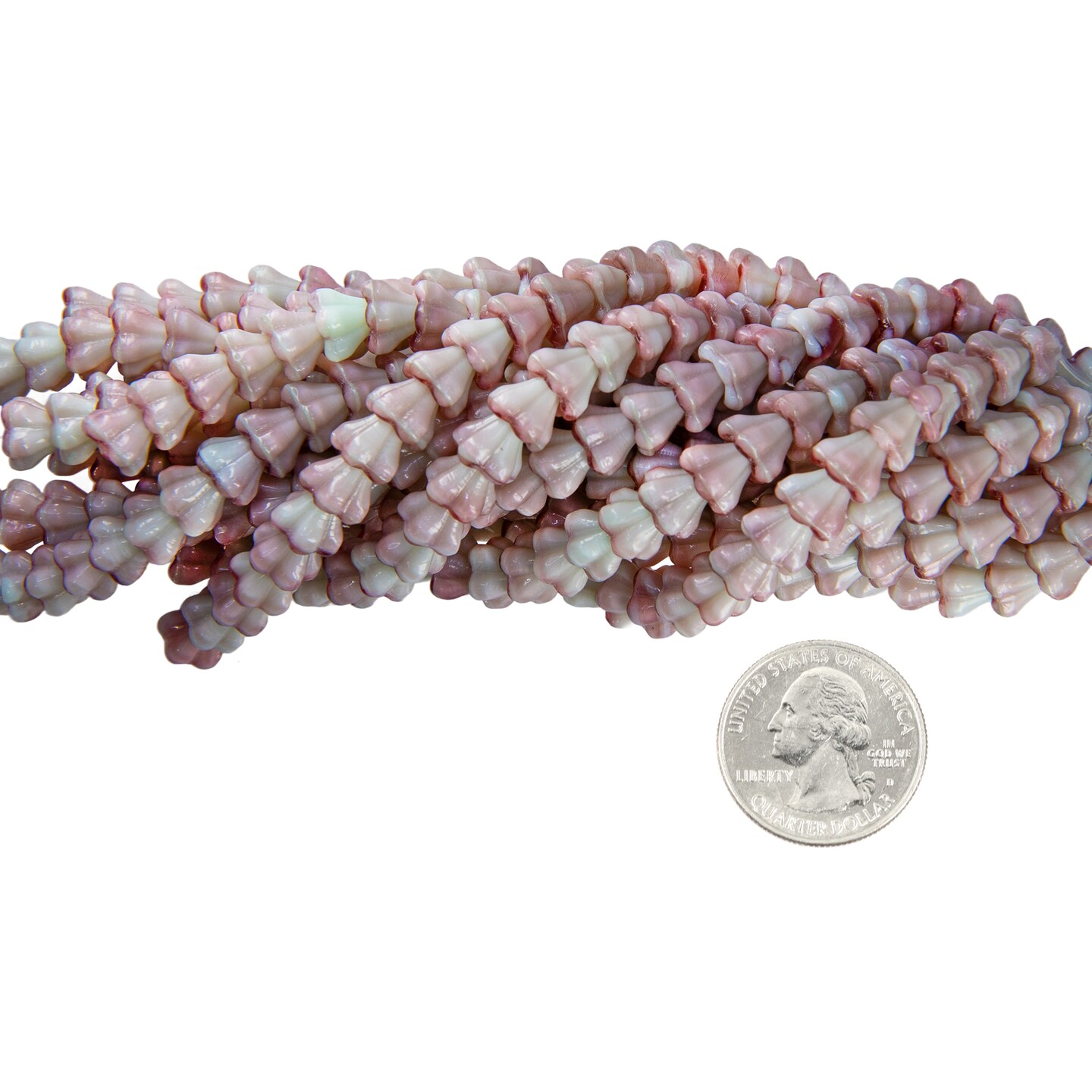 8x6mm Pistachio/Raspberry Swirl Glass Bell Flower Beads One Strand apx 25 beads GB-FB37