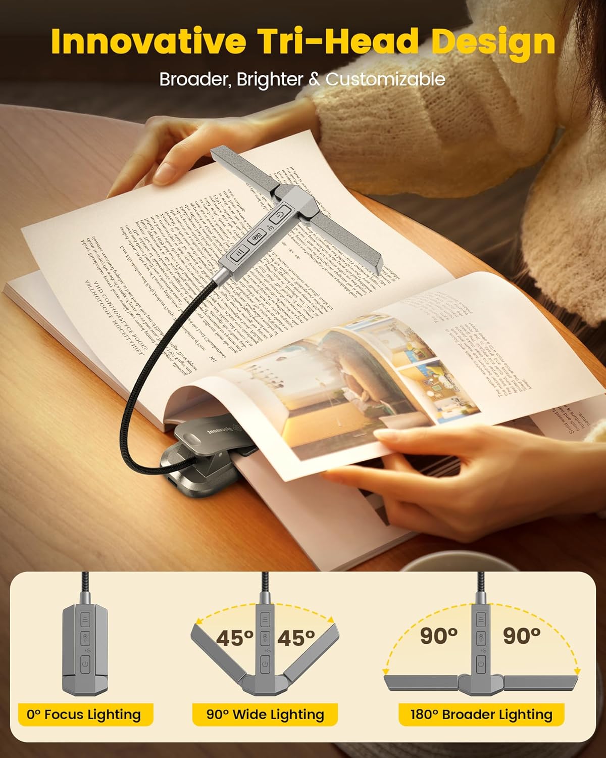 Tri-Head Book Light for Reading in Bed, 3 Colors &#x26; 5 Brightness Levels, 1000mAh Rechargeable, with 30-Min Timer, 10-100Hrs, Partner Friendly, Perfect for Book Lovers