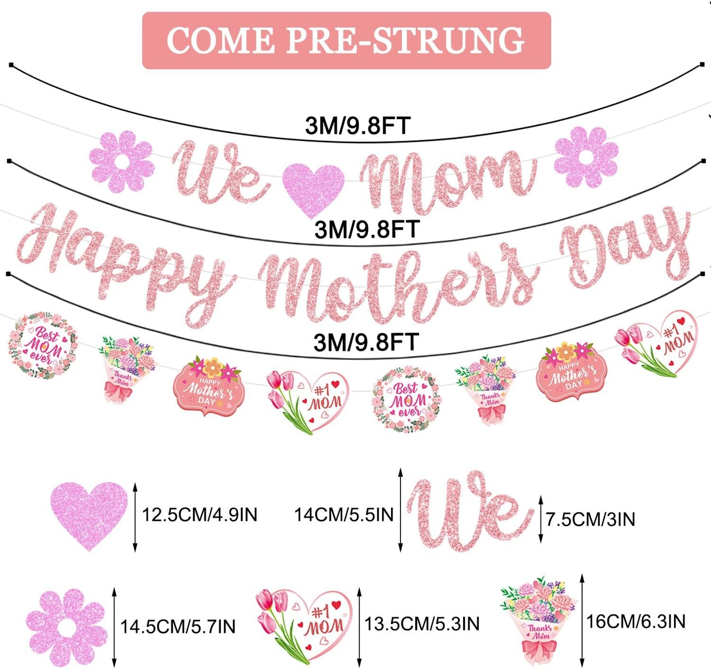 Glittery We Love Mom Happy Mother's Day Banner with Heart Flowers Rose Gold